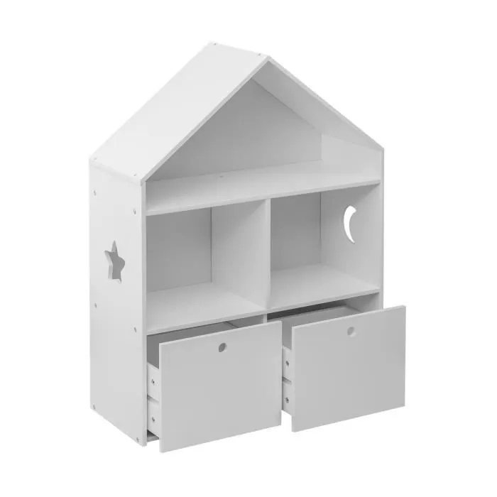 Bibliothèque pour enfants - Rebecca Mobili - Coffre à jouets en Bois Blanc - 2 Tiroirs - 3 Étagères