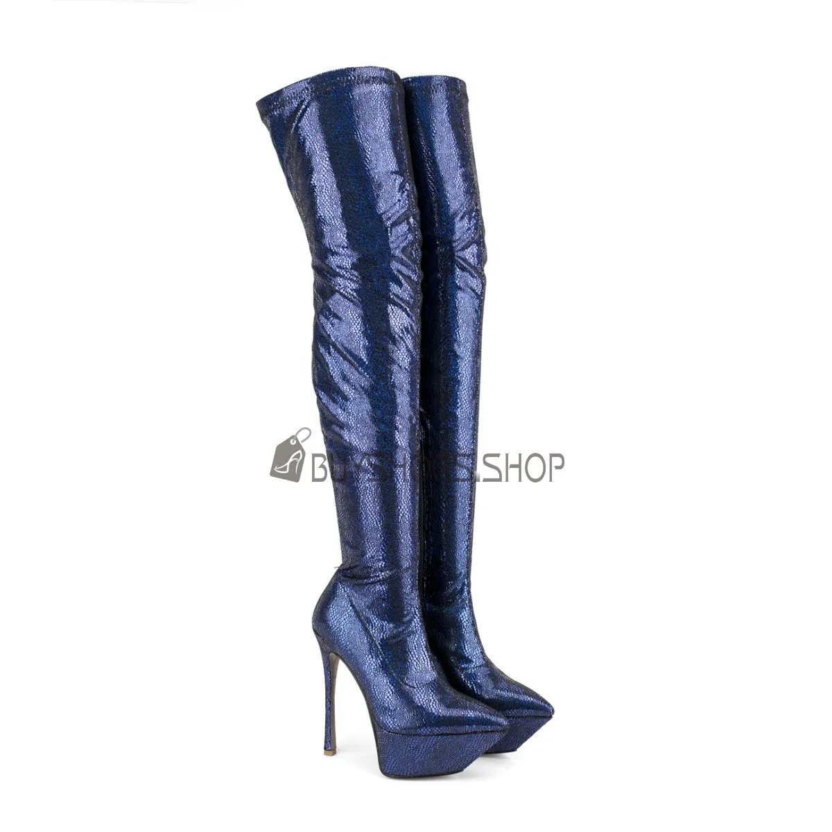 Brillante Casual Talon Aiguille Stretch Plateforme Cuissardes À Talon Bleu Electrique Bottes Haute Femme Bout Pointu Bout Fermé 