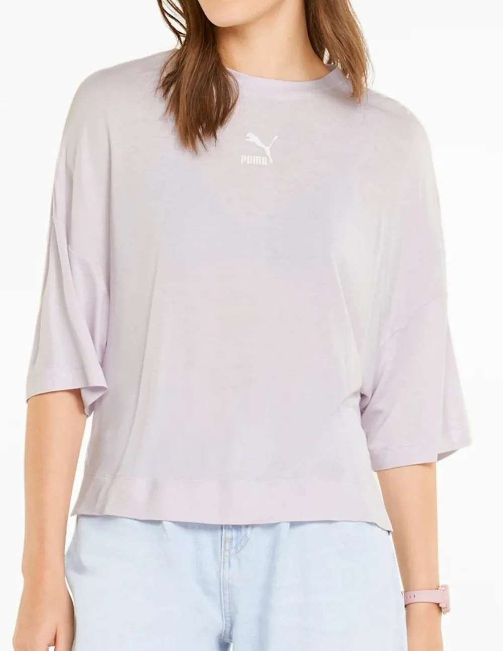 Camiseta Puma Classics Oversize con Logo y Media Manga Morada Mujer