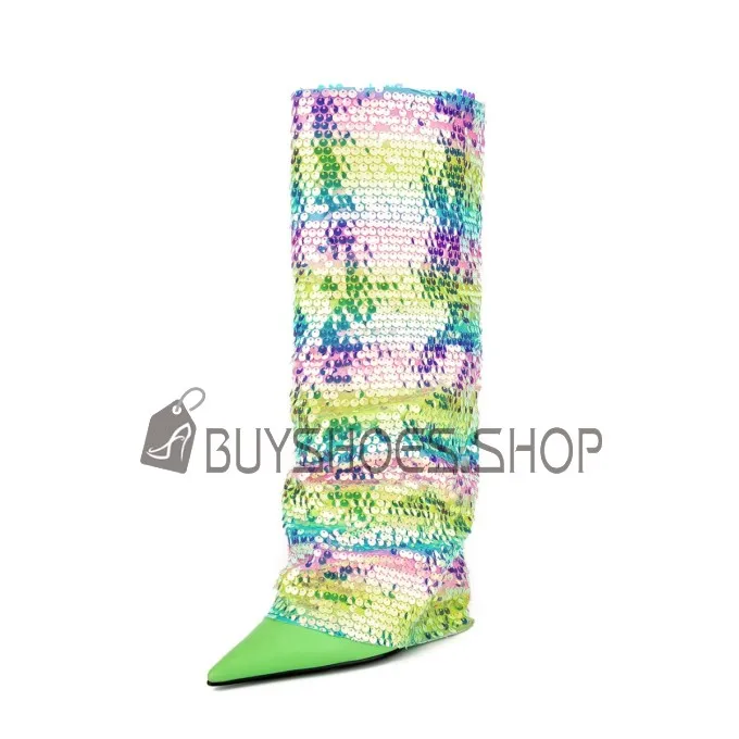 Casual Bottes Hauteur Genoux Compensées A Talon Verte Brillante Degrade De Couleur Replié Bout Pointu Bottes Haute Femme Habillé