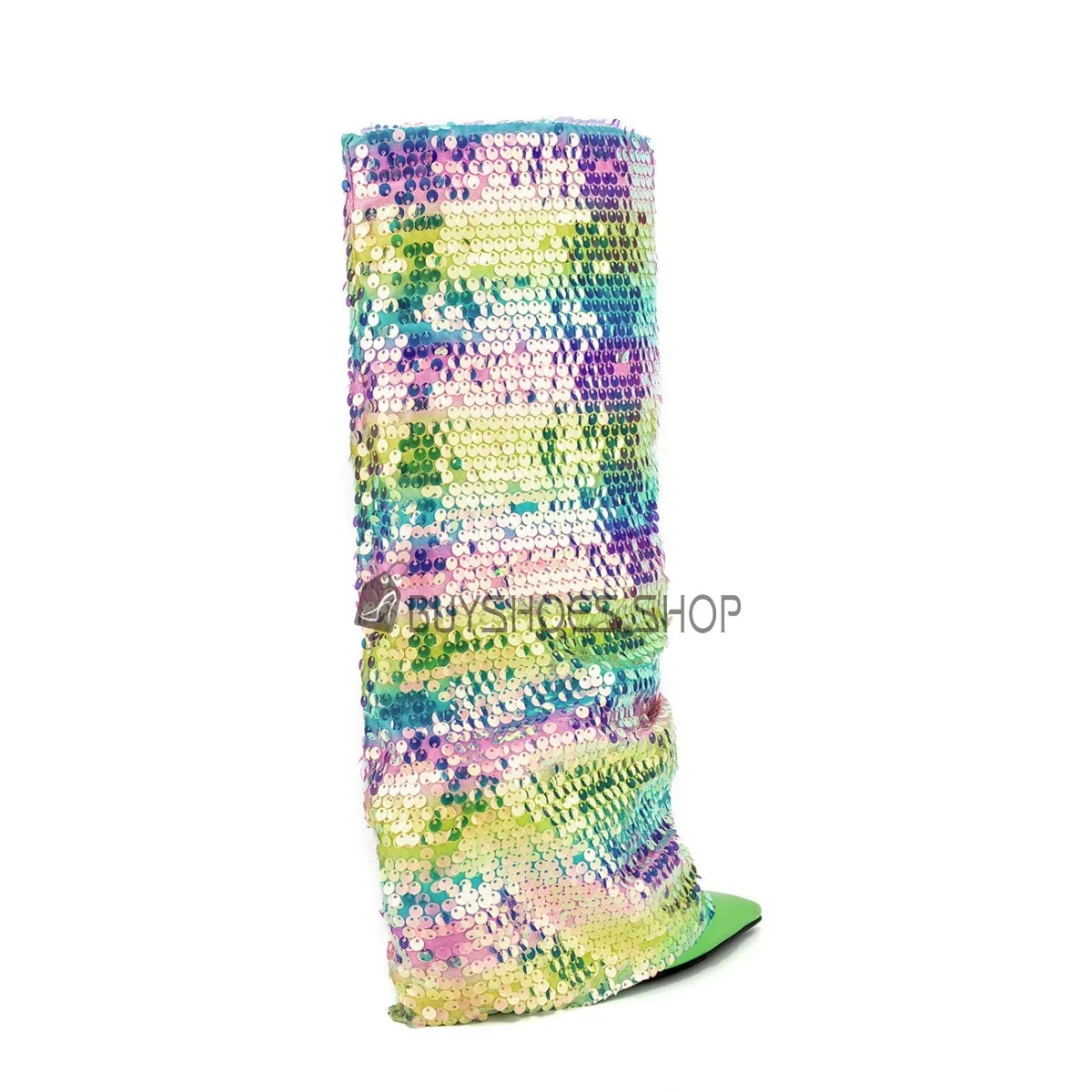 Casual Bottes Hauteur Genoux Compensées A Talon Verte Brillante Degrade De Couleur Replié Bout Pointu Bottes Haute Femme Habillé