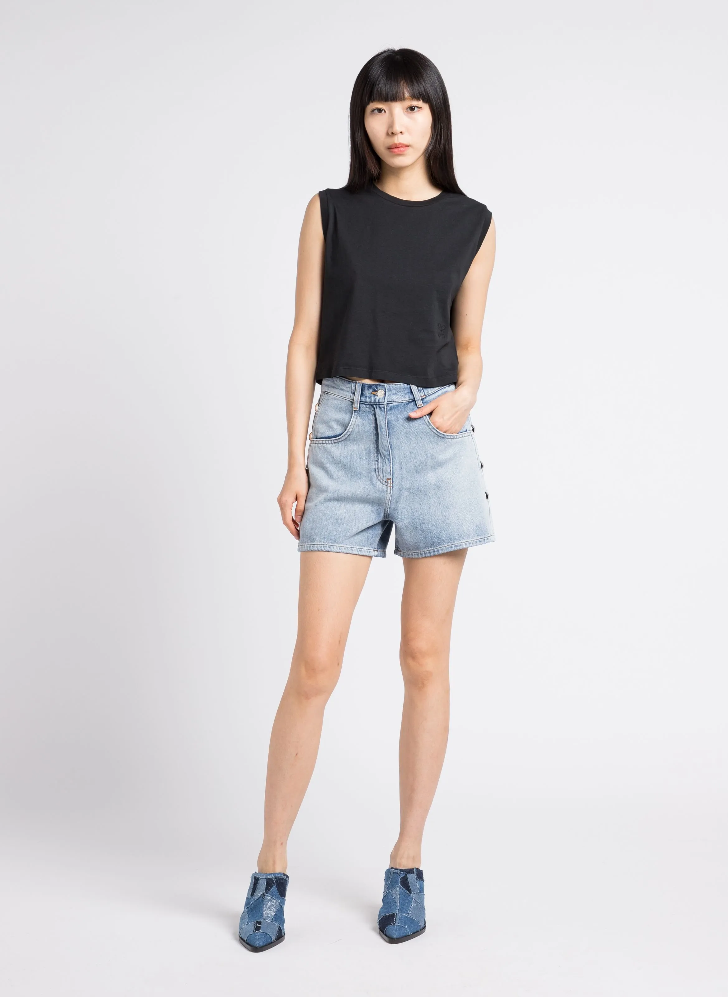IRO  Short droit taille haute avec studs en denim coton canio - Bleu