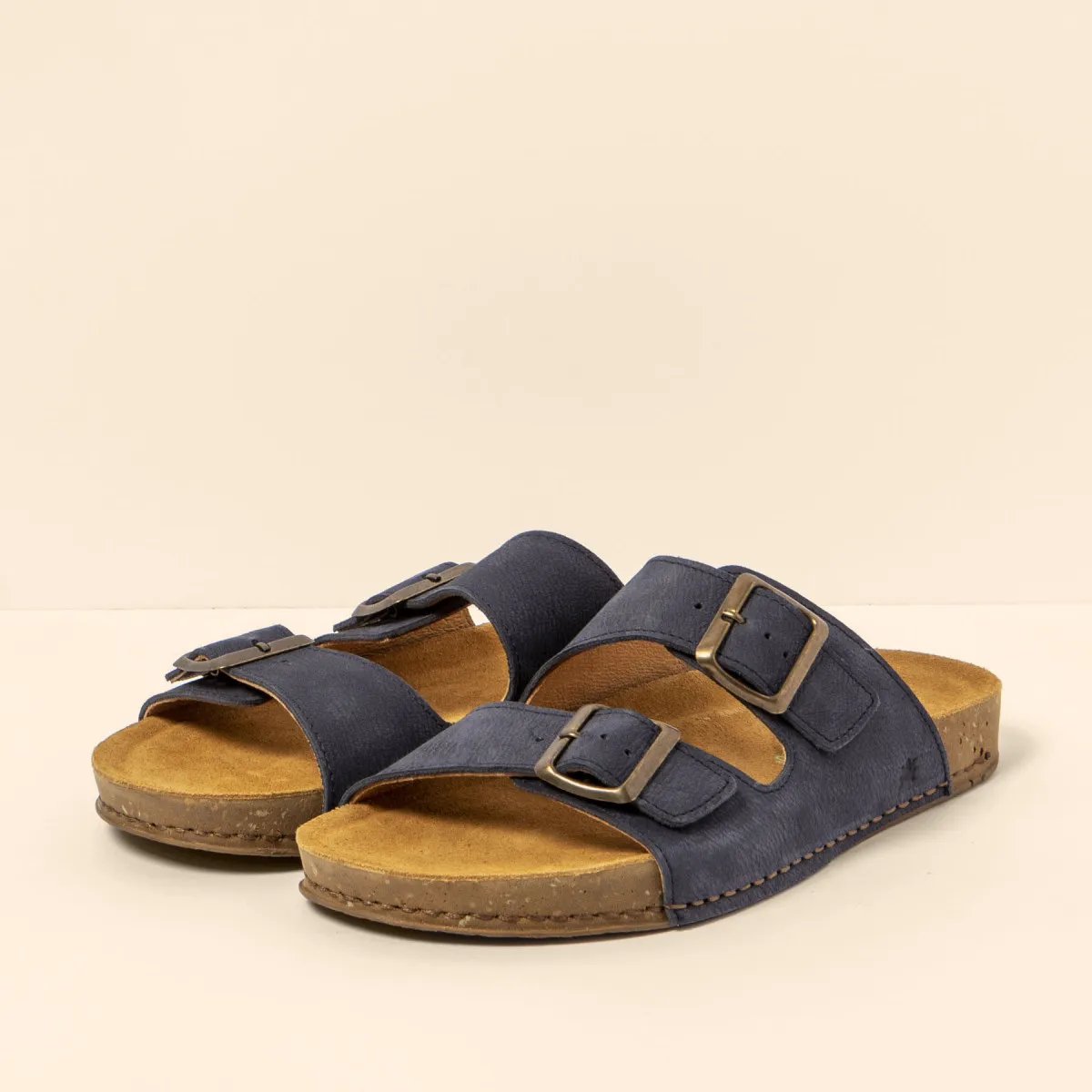 Mules brides en cuir à boucles et semelles ergonomiques - Bleu