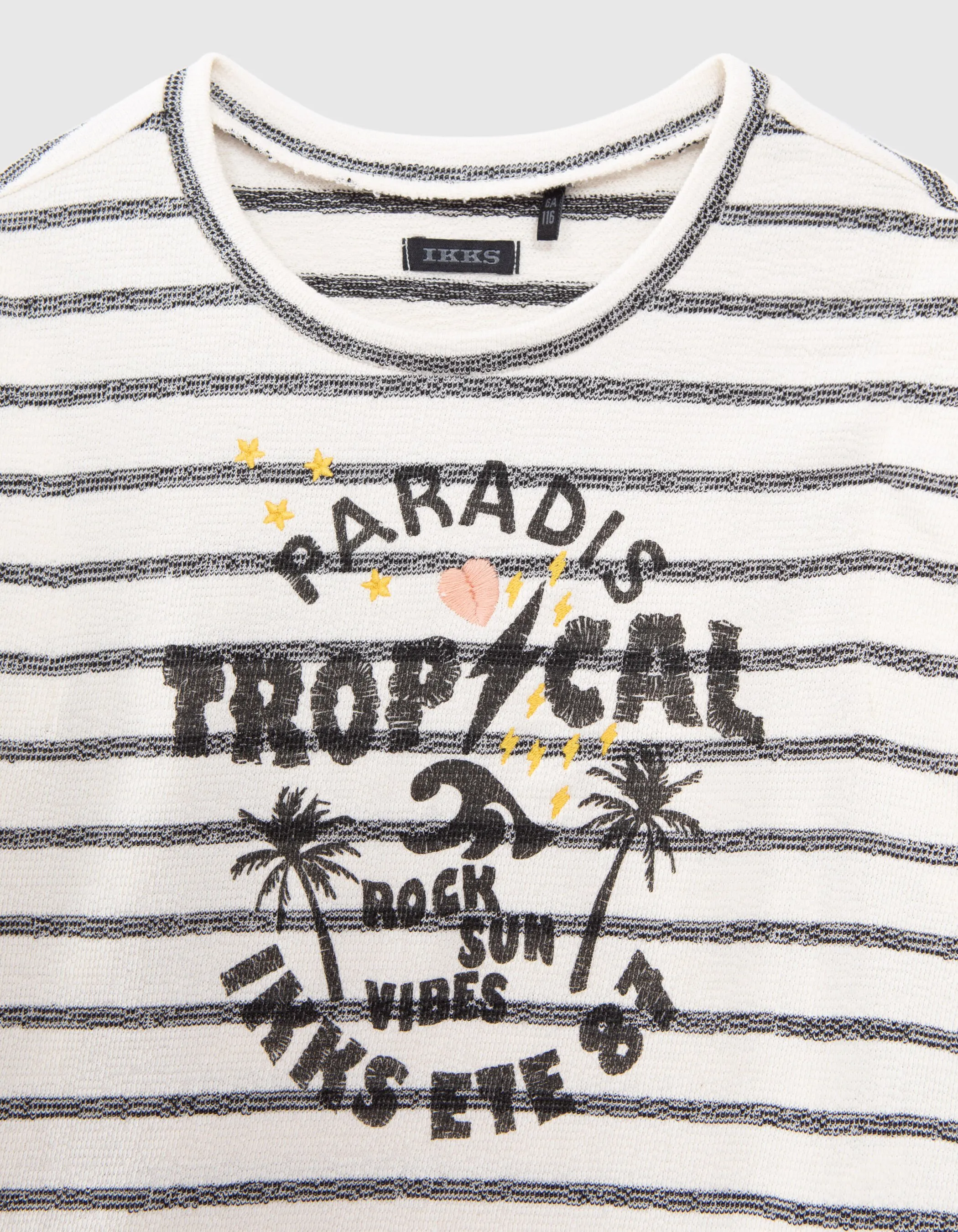 T-shirt écru coton bio rayé noir message et palmiers fille