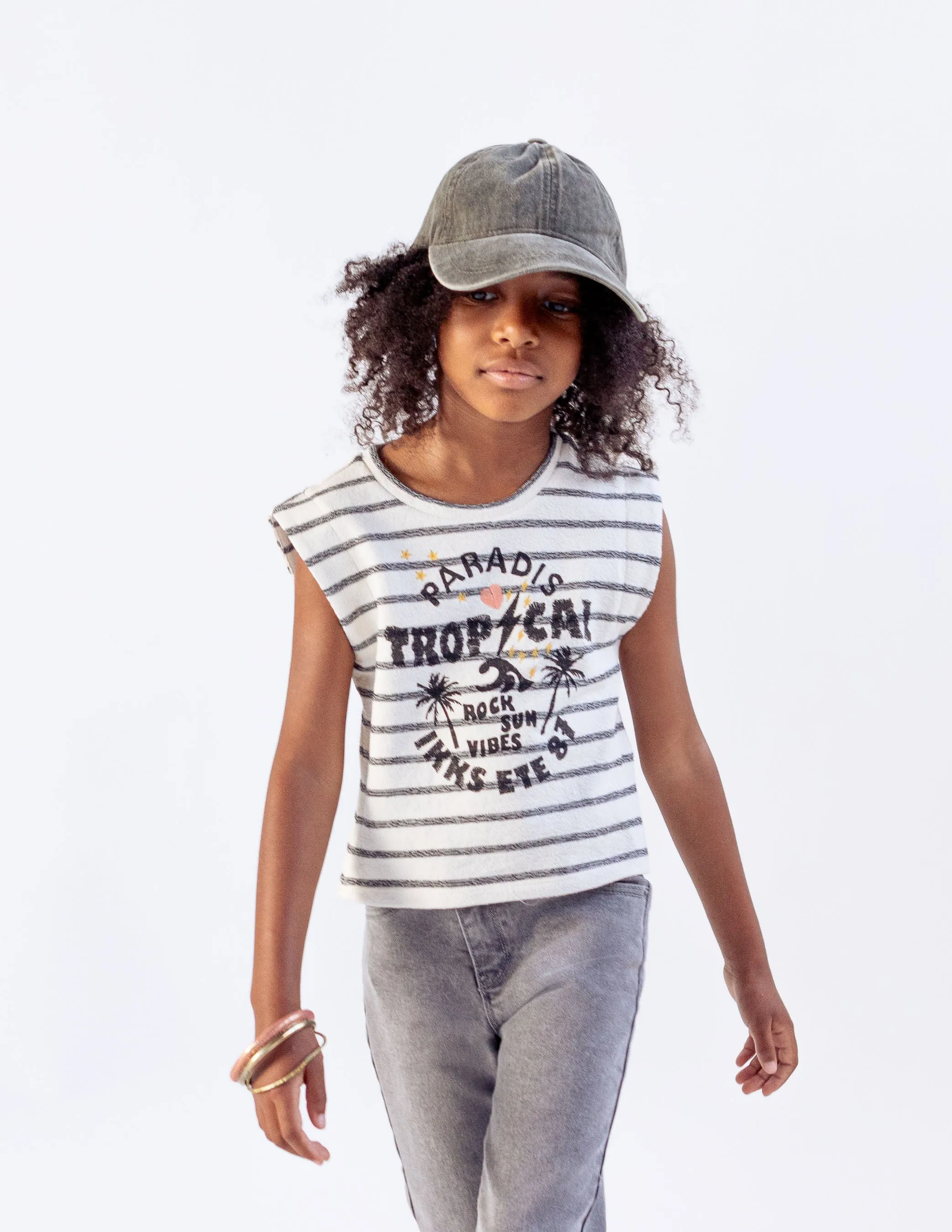 T-shirt écru coton bio rayé noir message et palmiers fille