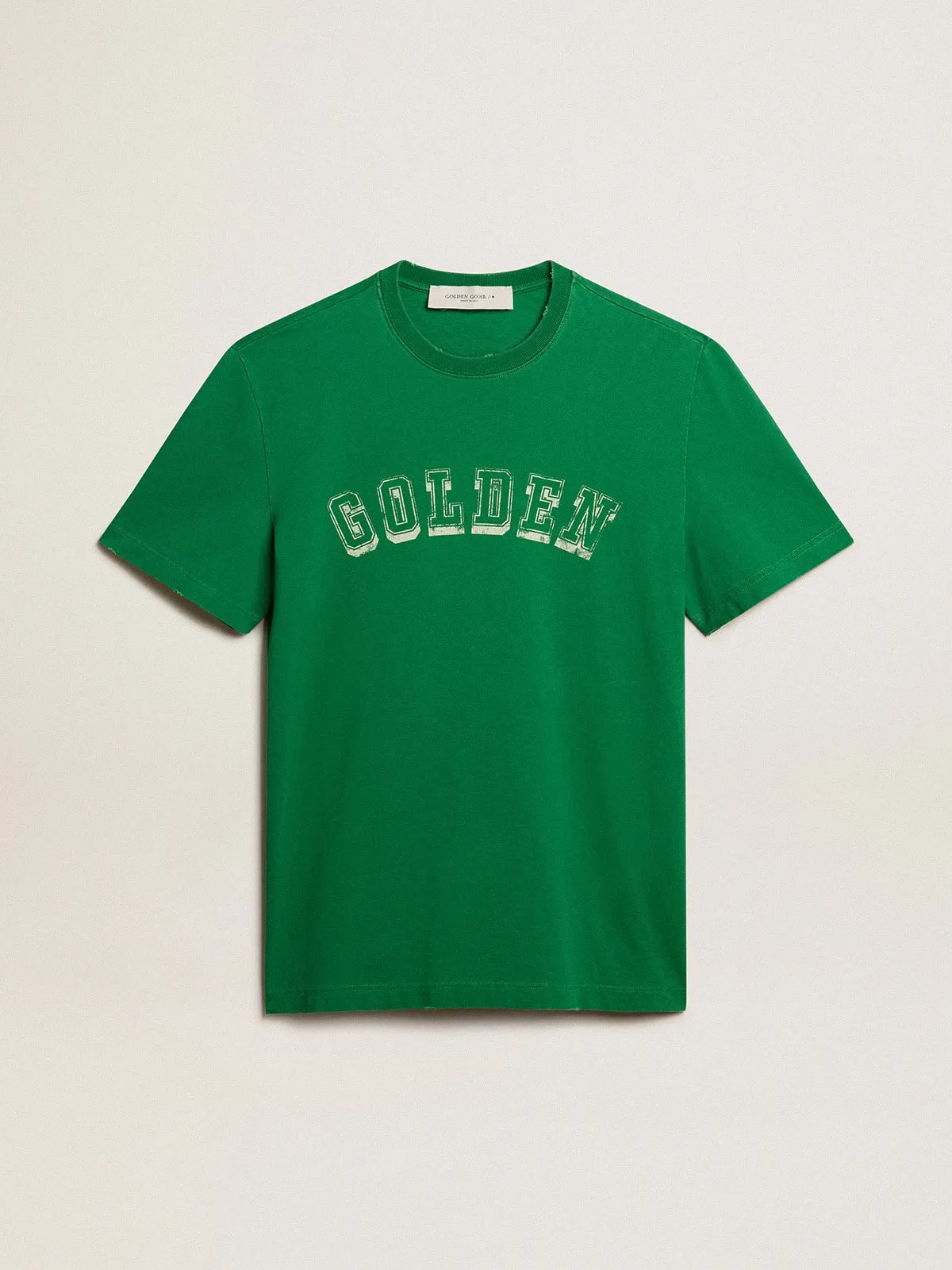 T-shirt homme en coton vert avec inscription au centre | Golden Goose