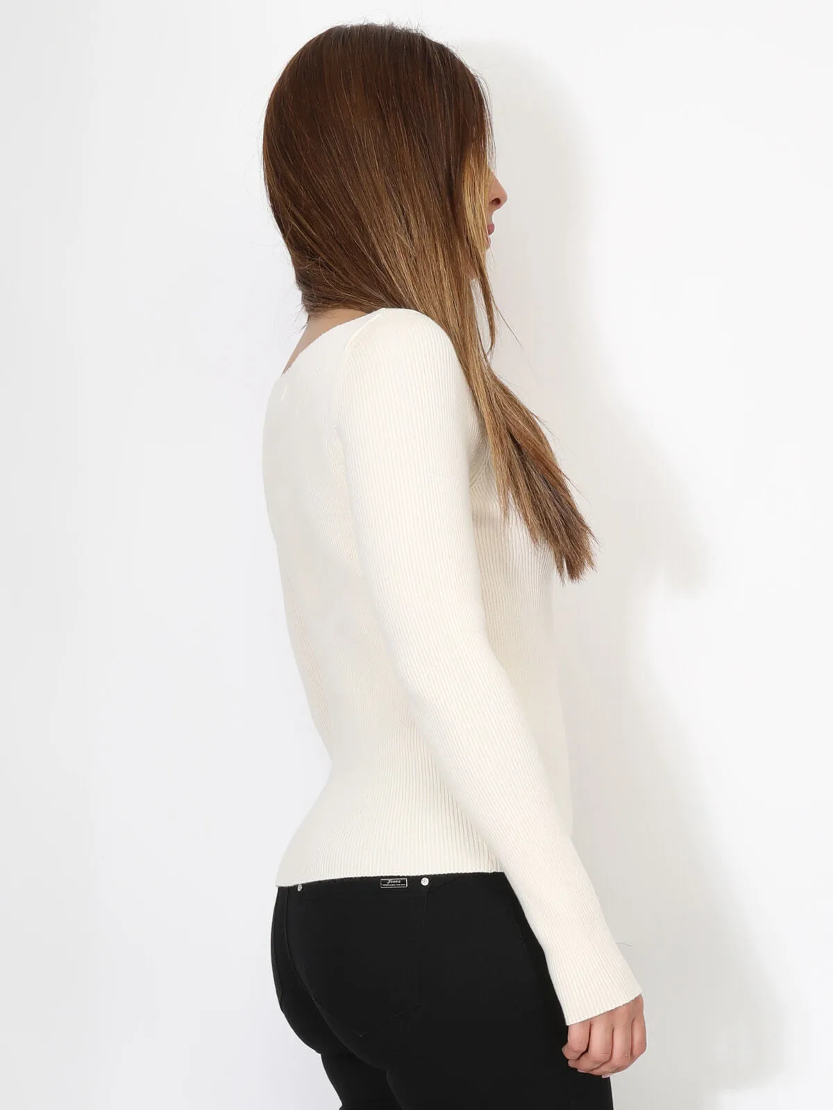 Top côtelé à col asymétrique- Beige