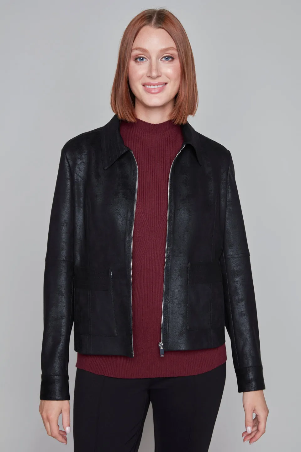 Veste à col chemisier en simili-cuir
